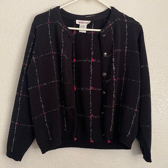 Talbots • Black, Gray, & Pink Knit Heart Button-Up Tweed Sweater Cardigan - Picture 1 of 3
